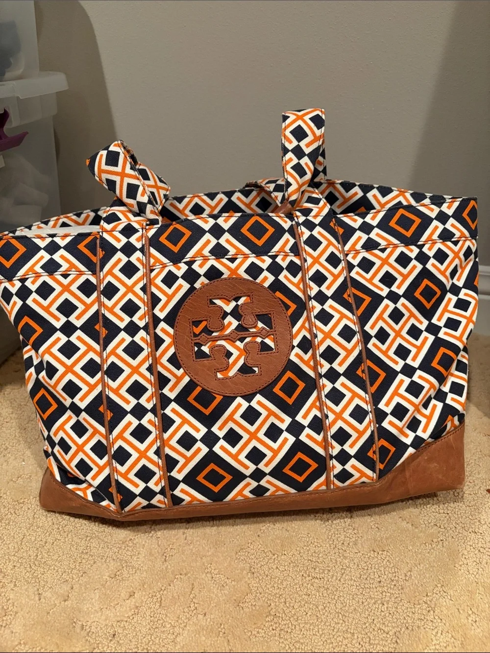 Tory Burch Navy, Orange & White Geometric Canvas Tote with Brown Trim